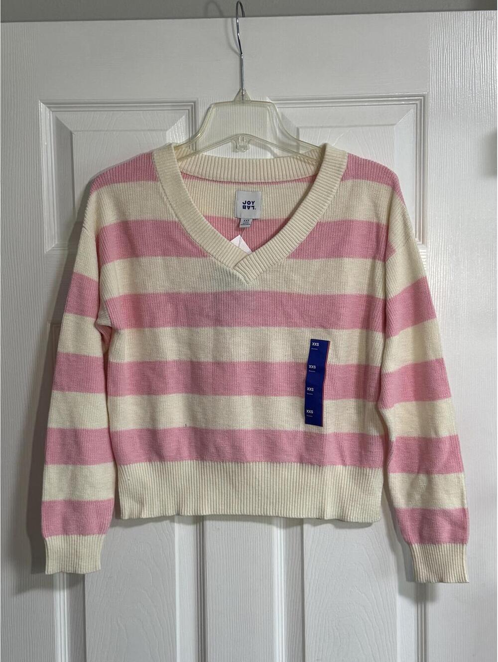 JoyLab Pink & Cream Striped V‑Neck Knit Sweater – Size XXS, NWT